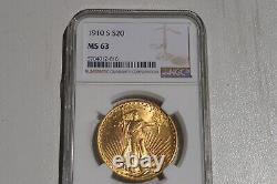1910-S Gold USA $20 Saint Gaudens Double Eagle Coin NGC MS 63