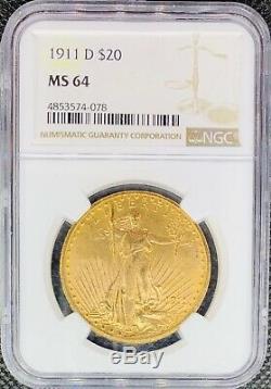 1911-D $20 American Gold Double Eagle Saint Gaudens MS64 NGC Rare/Key Date Coin