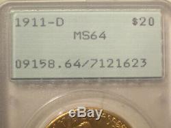 1911-D $20 GOLD PCGS MS64 OGH RATTLER St. GAUDENS DOUBLE Eagle Dollar