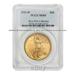 1911-D $20 Gold Saint Gaudens PCGS MS65 gem graded Denver Double Eagle coin
