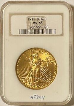 1911-D $20 Saint Gaudens Gold Double Eagle NGC MS63 OLD FAT HOLDER PQ++