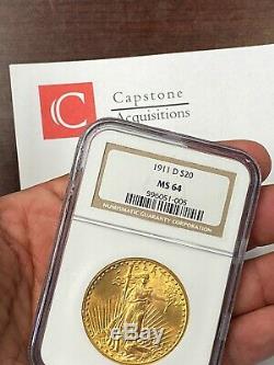 1911-D $20 Saint Gaudens Gold Double Eagle NGC MS64 PQ+