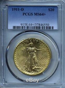 1911 D $20 Saint Gaudens Gold Double Eagle PCGS MS 64+ Plus grade