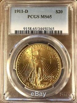 1911 D $20 Saint Gaudens Gold Double Eagle PCGS MS 65