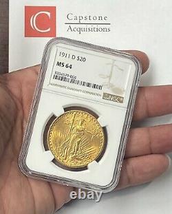 1911-D $20 Saint Gaudens Gold Double Eagle Pre-1933 NGC MS64 Amazing eye appeal