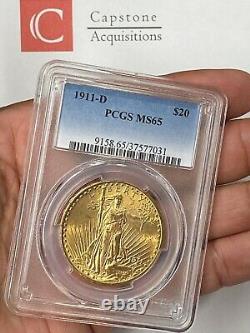 1911-D $20 Saint Gaudens Gold Double Eagle Pre-1933 PCGS MS65 Superb Gem Beauty