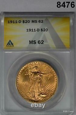 1911 D $20 St. Gaudens Gold Double Eagle Anacs Certified Ms62 Sunset Color #8476