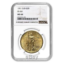 1911-D/D $20 Saint-Gaudens Gold Double Eagle MS-64 NGC