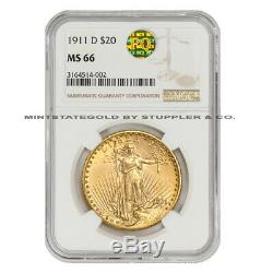 1911-D Saint Gaudens $20 Gold coin NGC MS66 Gem Double Eagle CoinStats & PQ