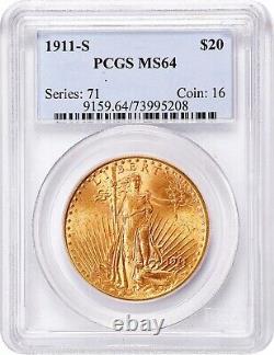 1911-S $20 Saint Gaudens PCGS MS64 Gold Double Eagle 995208