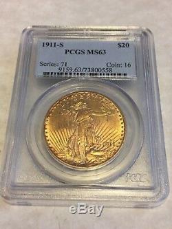 1911-S MS63 PCGS Saint Gaudens Double Eagle $20 Gold Coin PQ great appeal xclnt