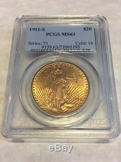 1911-S MS63 PCGS Saint Gaudens Double Eagle $20 Gold Coin great appeal very nice