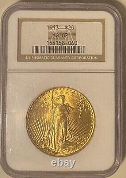 1913 $20 Gold Saint Gaudens Double Eagle NGC Older Slab MS62 168,780 Minted