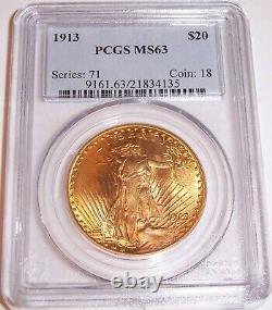 1913 $20 Philadelphia CHOICE St Gaudens Double Eagle PCGS MS63