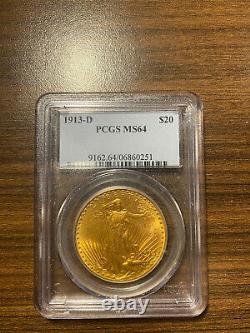 1913-D $20 Gold Saint Gaudens Double Eagle PCGS MS 64 Twenty Dollar Gold