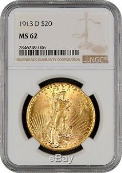1913-D $20 Gold St Gaudens Double Eagle NGC MS62 Twenty Dollar Coin