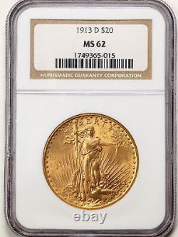 1913-D $20 Saint-Gaudens Gold Double Eagle MS62 NGC 1749365-015