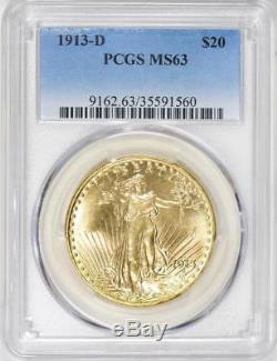 1913 D $20 Saint Gaudens Gold Double Eagle PCGS MS 63