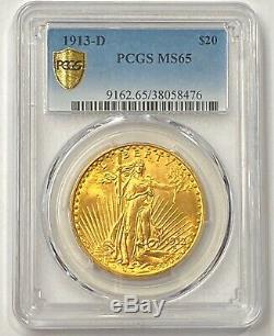 1913-D $20 Saint Gaudens Gold Double Eagle PCGS MS65 RARE Blazing Orange Gem PQ+