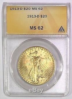 1913-D $20 Saint-Gaudens Gold MS62 Double Eagle 1 oz $1860 Price Guide! Sale