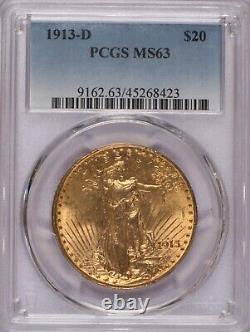 1913-D Gold St. Gaudens Double Eagle $20 PCGS MS63. P. Q