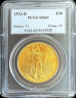 1913 D Gold USA $20 Saint Gaudens Double Eagle Coin Pcgs Mint State 63