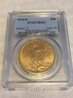 1913-D MS63 PCGS Saint Gaudens Double Eagle $20 Gold Coin PQ great appeal