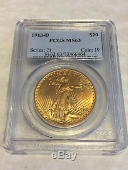 1913-D MS63 PCGS Saint Gaudens Double Eagle $20 Gold Coin PQ great appeal xclnt