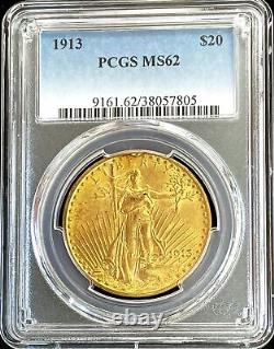 1913 Gold USA $20 Saint Gaudens Double Eagle Coin Pcgs Mint State 62