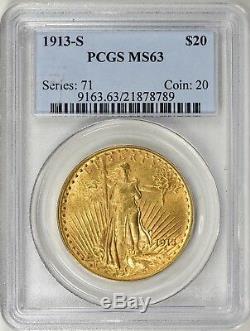 1913-S $20 LUSTROUS Saint-Gaudens Gold Double Eagle PCGS MS-63 VERY RARE DATE