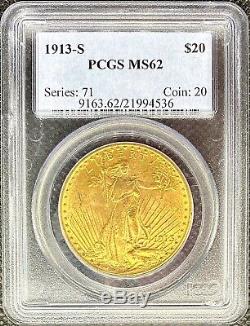 1913-S $20 Saint Gaudens American Gold Double Eagle MS62 PCGS KEY DATE COIN