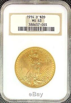 1914-D $20 American Gold Double Eagle Saint Gaudens MS63 NGC MINT Rare Date Coin