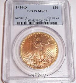 1914-D $20 Denver Gold GEM St Gaudens Double Eagle PCGS MS65 Exceptional Beauty