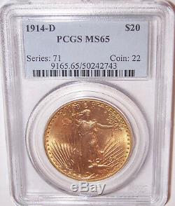 1914-D $20 Denver Gold GEM St Gaudens Double Eagle PCGS MS65 Exceptional Beauty