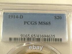 1914-D $20 GOLD PCGS MS65 St. SAINT GAUDENS DOUBLE EAGLE $4,500++ BRIGHT