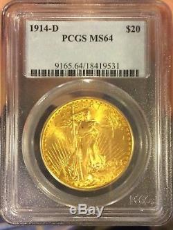 1914-D $20, PCGS MS64 ST GAUDENS DOUBLE EAGLE CERT V RARE, Only 1,957 in MS64