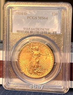 1914-D $20 Saint Gaudens Gold Double Eagle Coin PCGS MS64 Gold