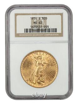 1914-S $20 NGC MS63 Saint Gaudens Double Eagle Gold Coin