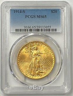 1914 S $20 Saint Gaudens Gold Double Eagle PCGS MS65 Well Struck Gem RARE PQ+