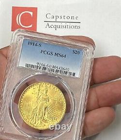1914-S $20 Saint Gaudens Gold Double Eagle Pre 33 PCGS MS64 Blazing Color PQ+