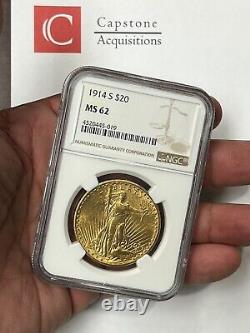 1914-S $20 Saint Gaudens Pre-33 Gold Double Eagle NGC MS62 Blazing Yellow Gold
