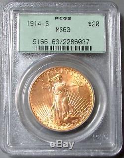 1914 S Gold $20 Saint Gaudens Double Eagle Green Label Pcgs Mint State 63