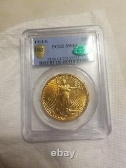 1914 S MS 64 ST CAC Gauden Double Eagle Gold Coin keydets. Gorgeous