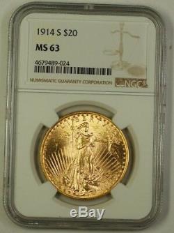 1914-S US St Gaudens $20 Double Eagle Gold Coin NGC MS-63 Very Choice