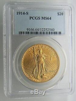 1914-s $20 Dollar Saint-gaudens Double Eagle Gold Coin Pcgs Ms 64