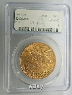 1914-s $20 Dollar Saint-gaudens Double Eagle Gold Coin Pcgs Ms 64