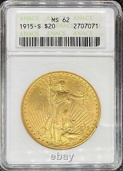 1915-S $20 American Gold Double Eagle Saint Gaudens MS62 ANACS OG Slab LUSTROUS