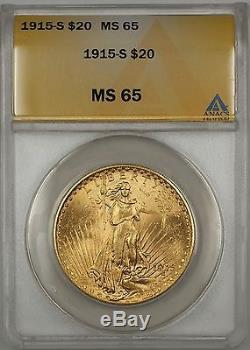1915-S $20 Dollar St. Gaudens Double Eagle Gold Coin ANACS MS-65 Gem BU BP