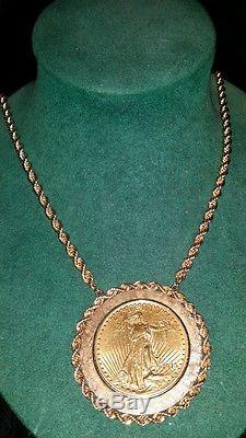 1915 Saint Gaudens $20 Double Eagle Gold Coin Heavy 95+ g 14K Bezel Necklace 29