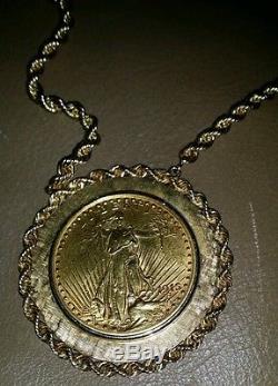 1915 Saint Gaudens $20 Double Eagle Gold Coin Heavy 95+ g 14K Bezel Necklace 29